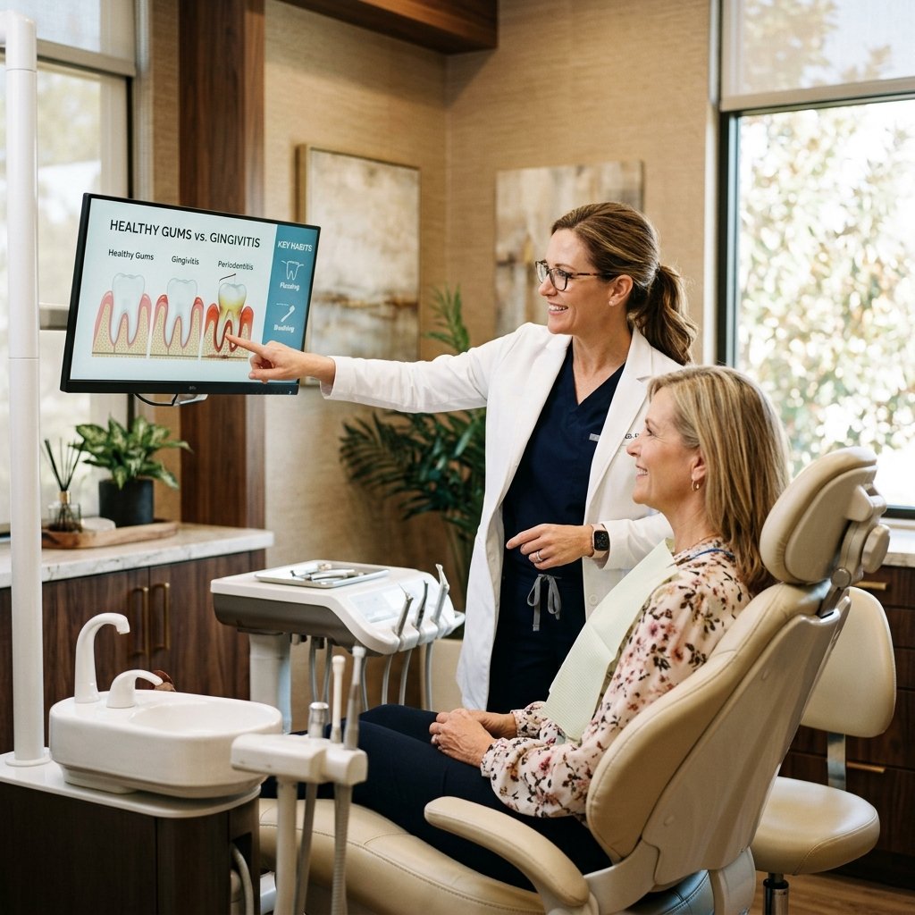 Professional dentist pointing at a screen explaining healthy gums.