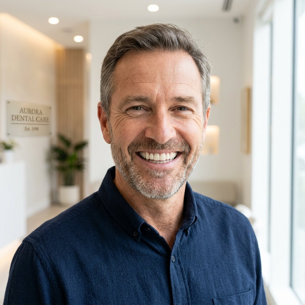 Happy confident middle-aged man smiling, showcasing beautiful dental implants.