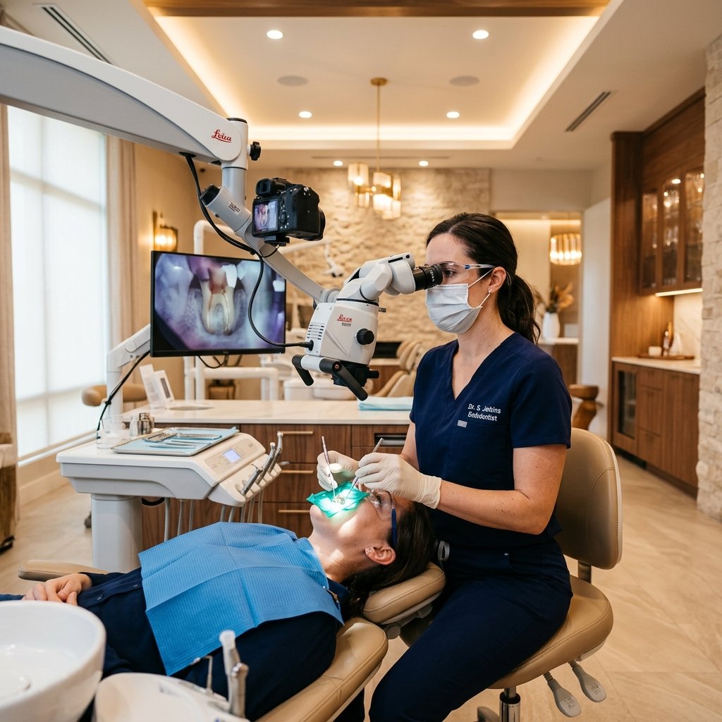 Clinical endodontist performing root canal treatment using microscope.