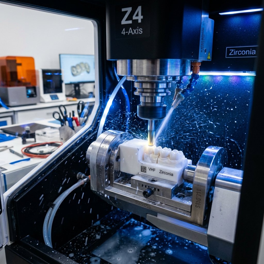 Advanced digital 3D milling machine crafting a high-strength ceramic crown.